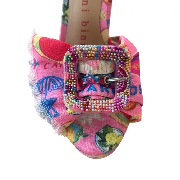 GIANNI BINI Pink Tobias Linen Mismatched Buckle Platform Sandals Heels 7.5 NEW - Picture 5 of 11